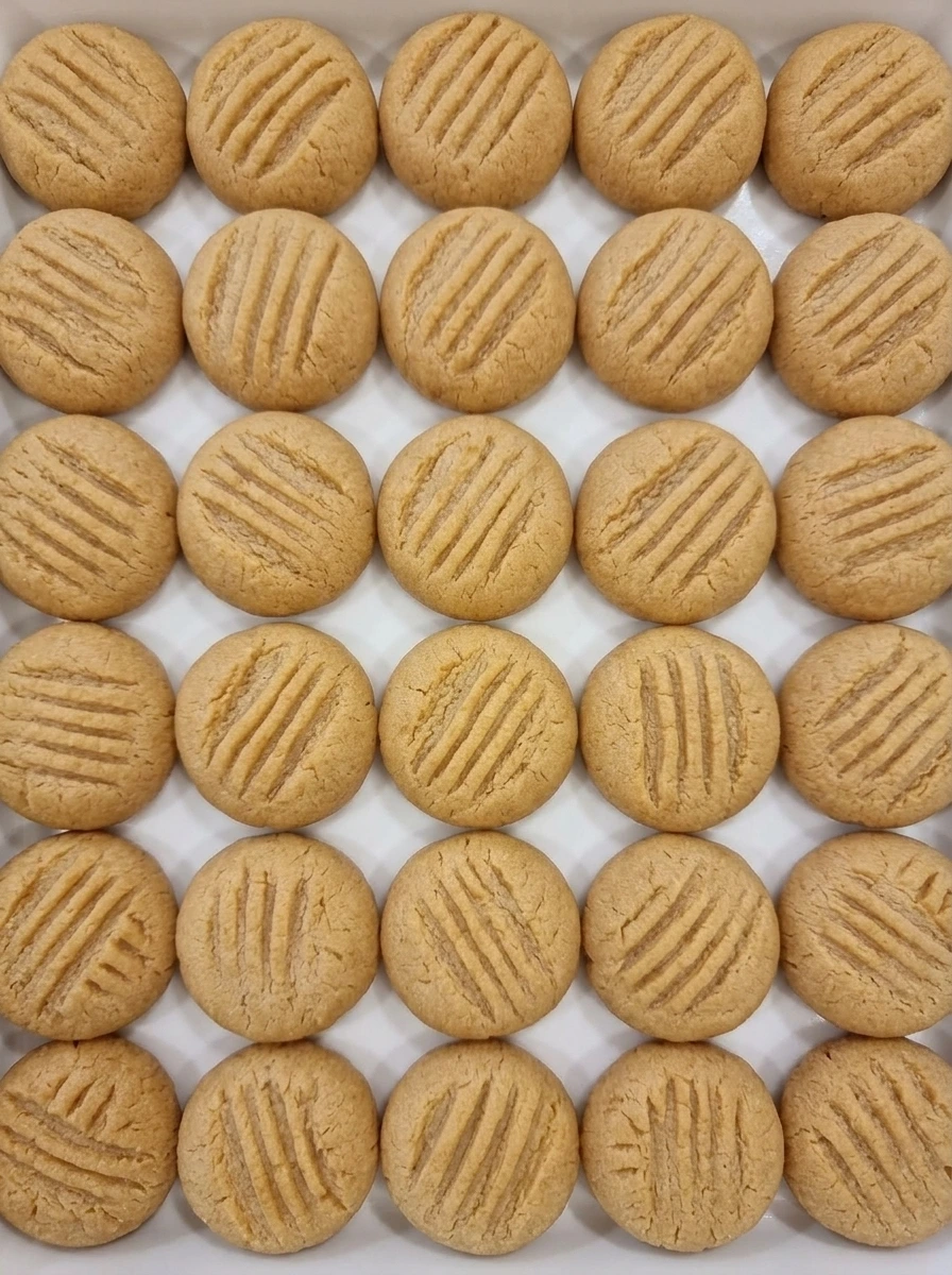 Baked peanut butter cookies cooling in a white tray