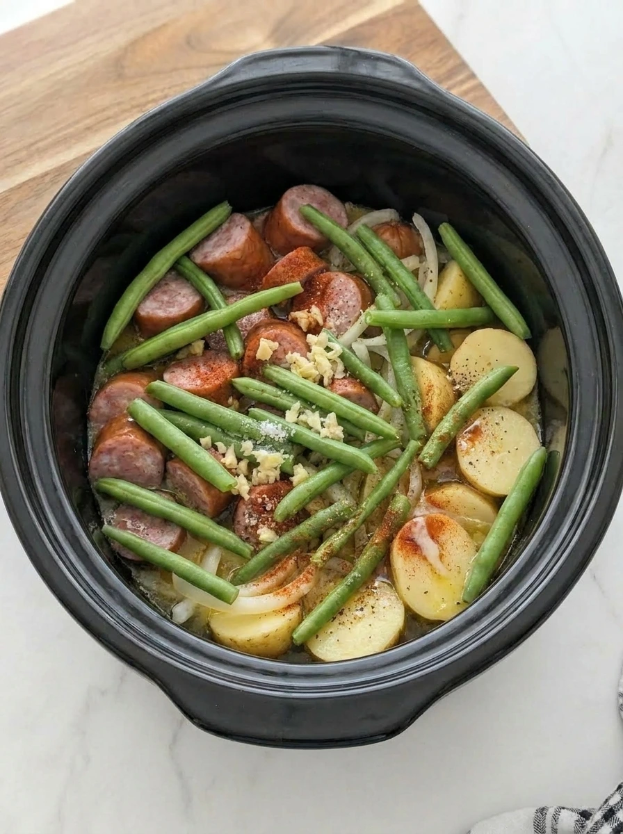 Broth poured into slow cooker with kielbasa green beans and potatoes