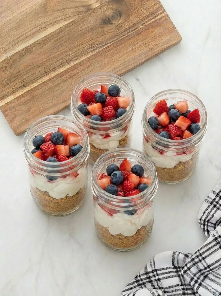 Adding strawberries and blueberries to cheesecake jars
