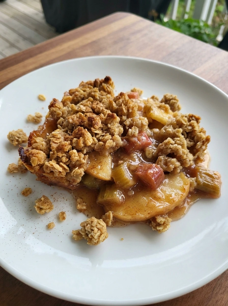 Apple Rhubarb Crumble served warm with golden topping and tender fruit.