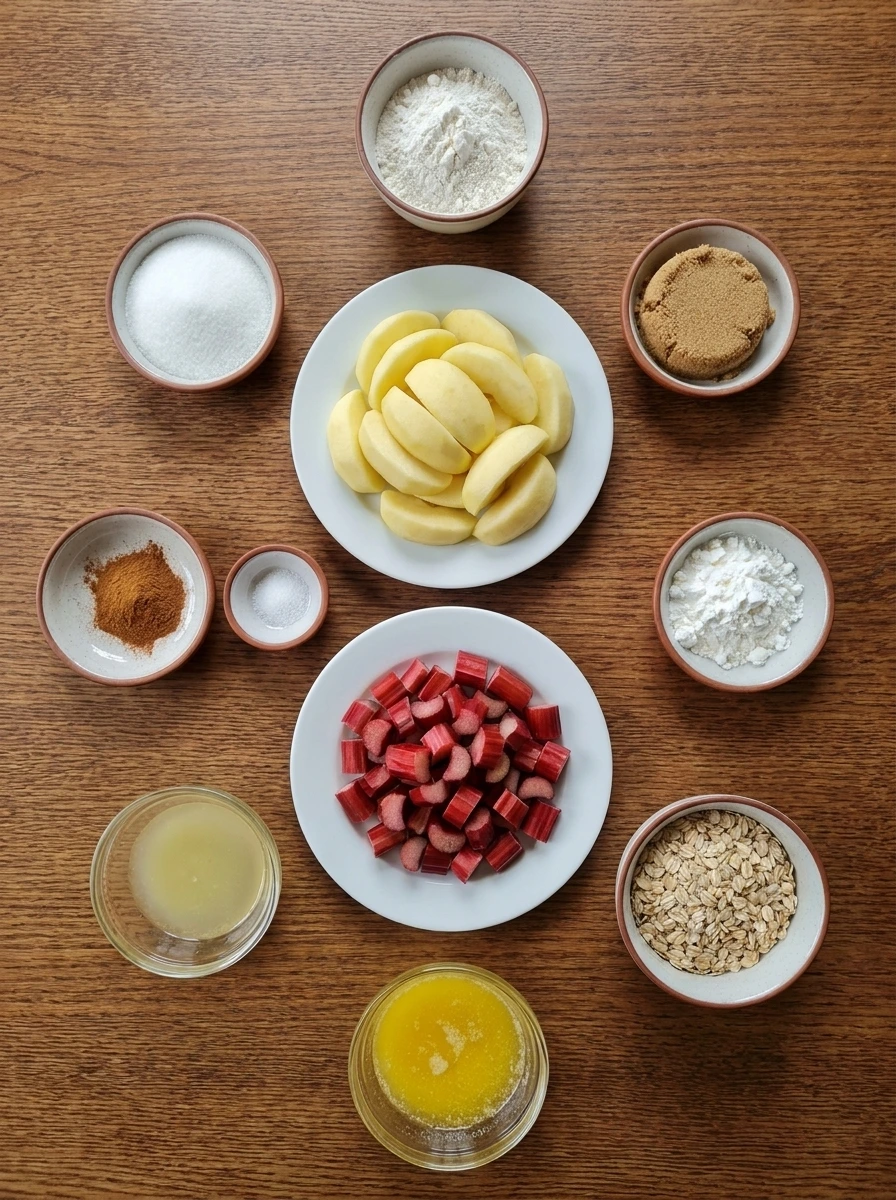 Apple Rhubarb Crumble ingredients arranged in separate containers.