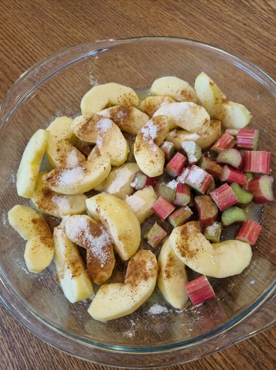 Apples and rhubarb coated with sugar and cornstarch in baking dish.
