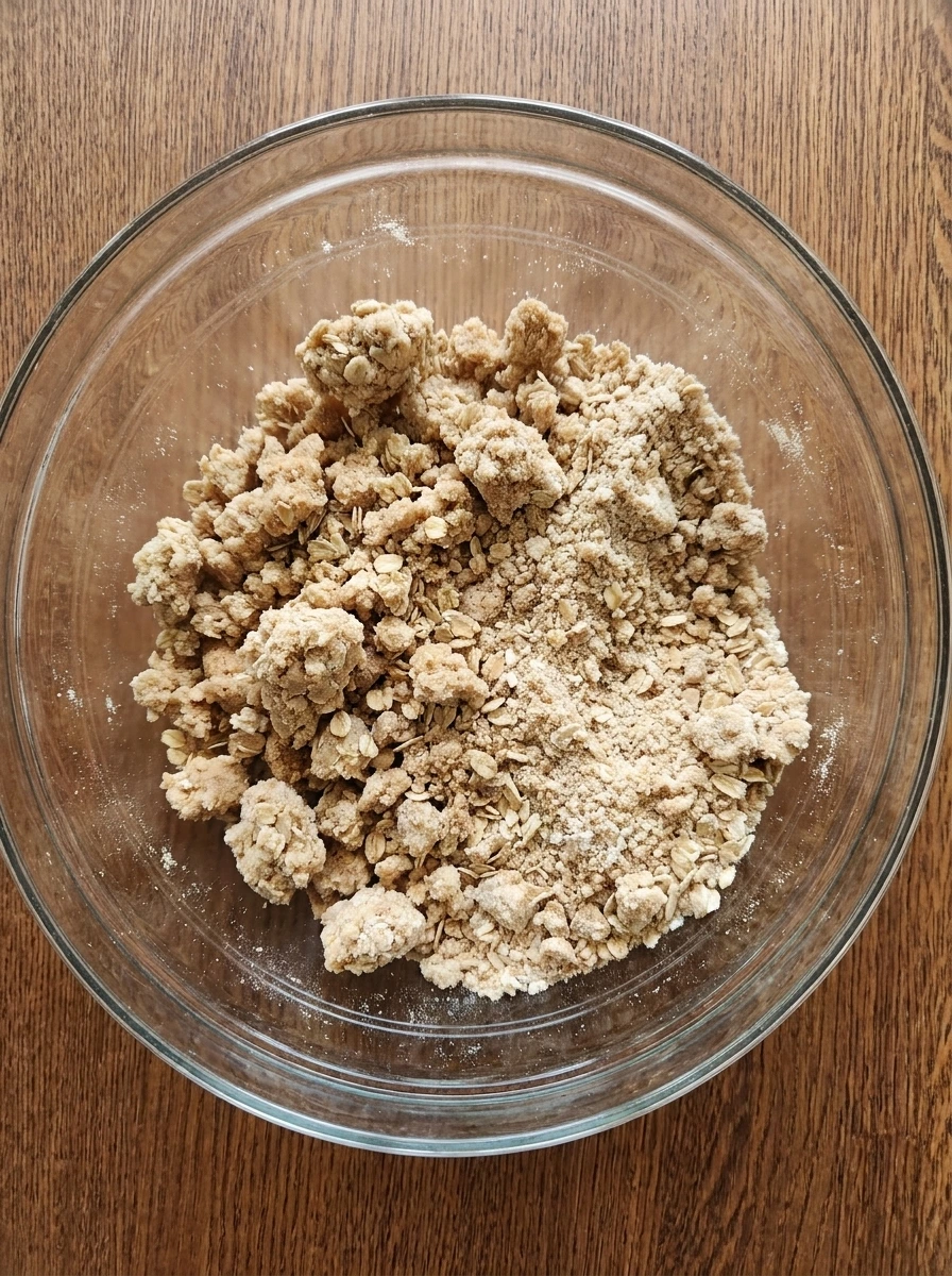 Oat crumble topping mixed into buttery clusters.