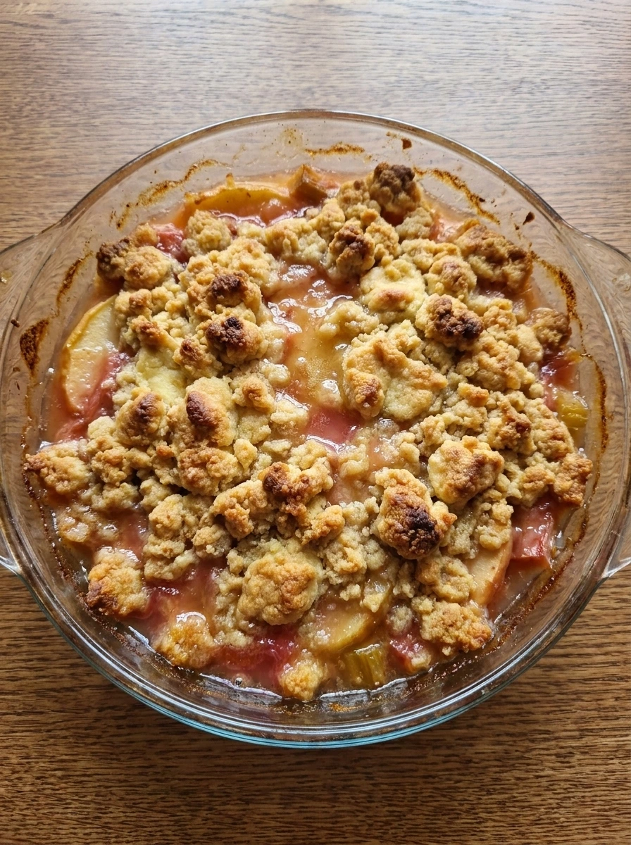 Baked Apple Rhubarb Crumble with golden topping and bubbling fruit.