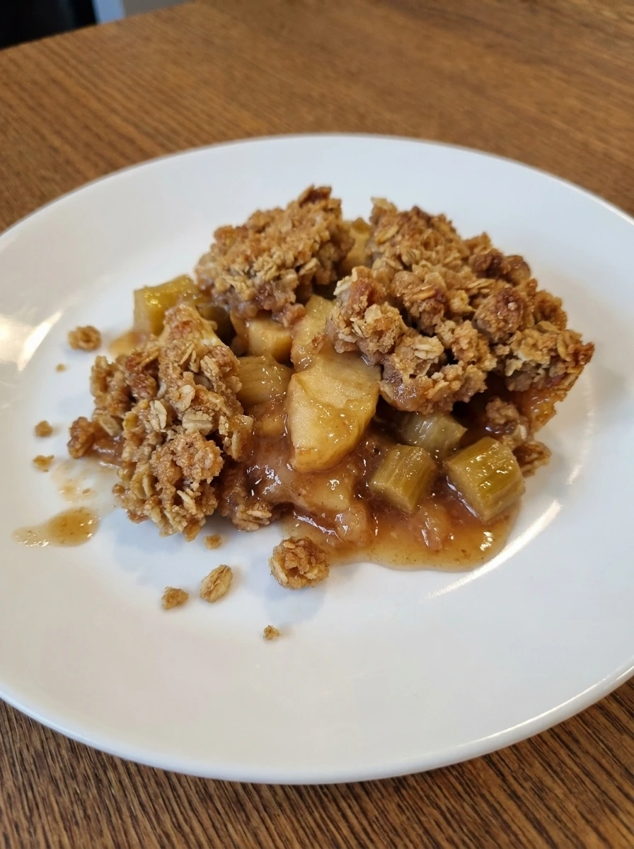 Served portion of Apple Rhubarb Crumble on white plate.