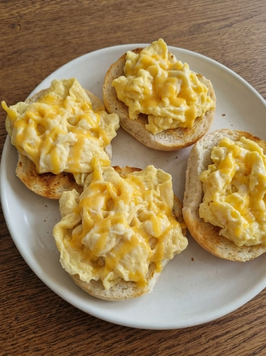 Cheesy eggs piled onto toasted rolls for Egg and Cheese Breakfast Sandwich