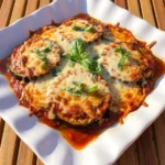 Baked Eggplant Parmesan with melted cheese rich sauce and golden browned top.