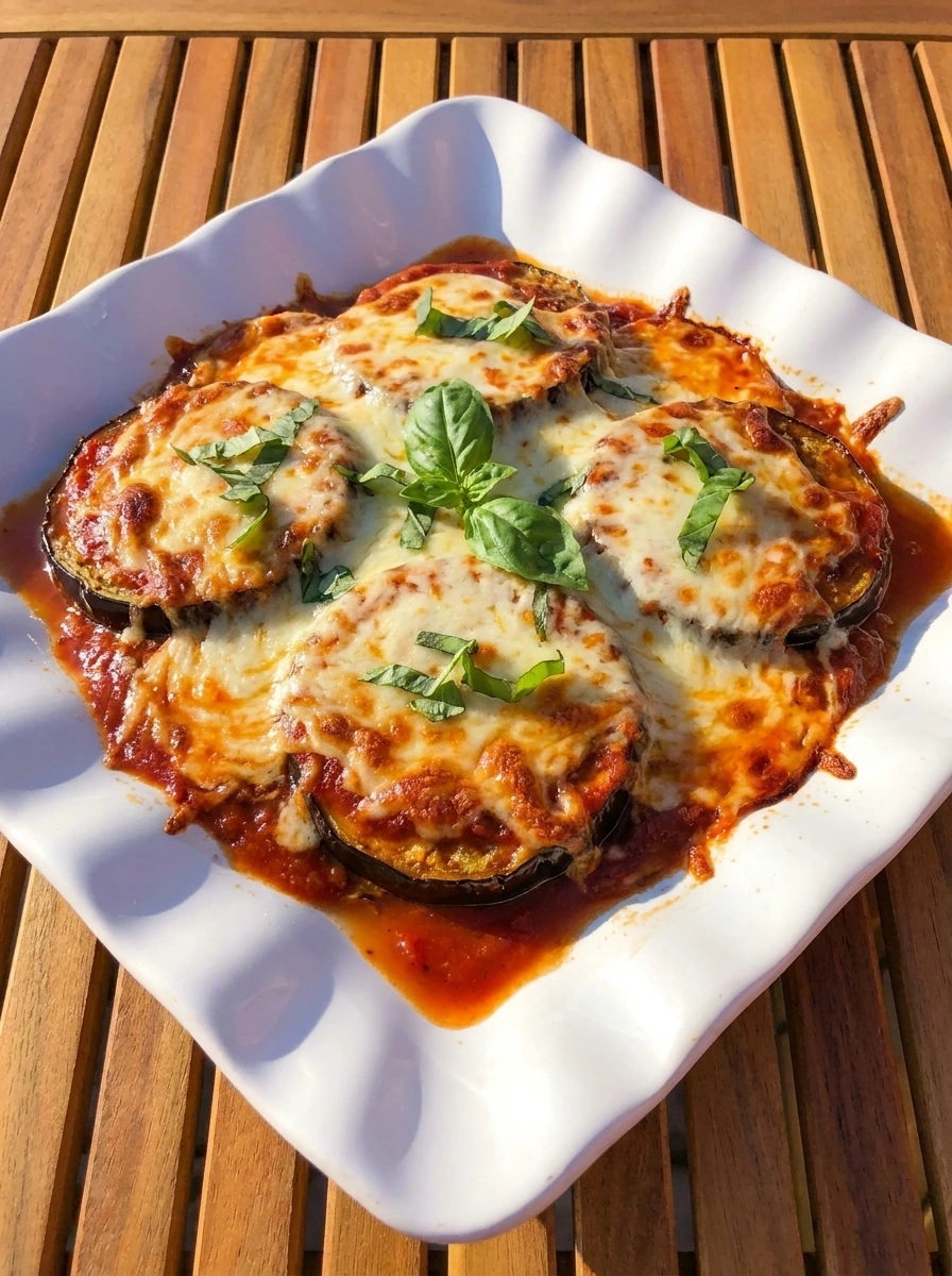 Baked Eggplant Parmesan with melted cheese rich sauce and golden browned top.