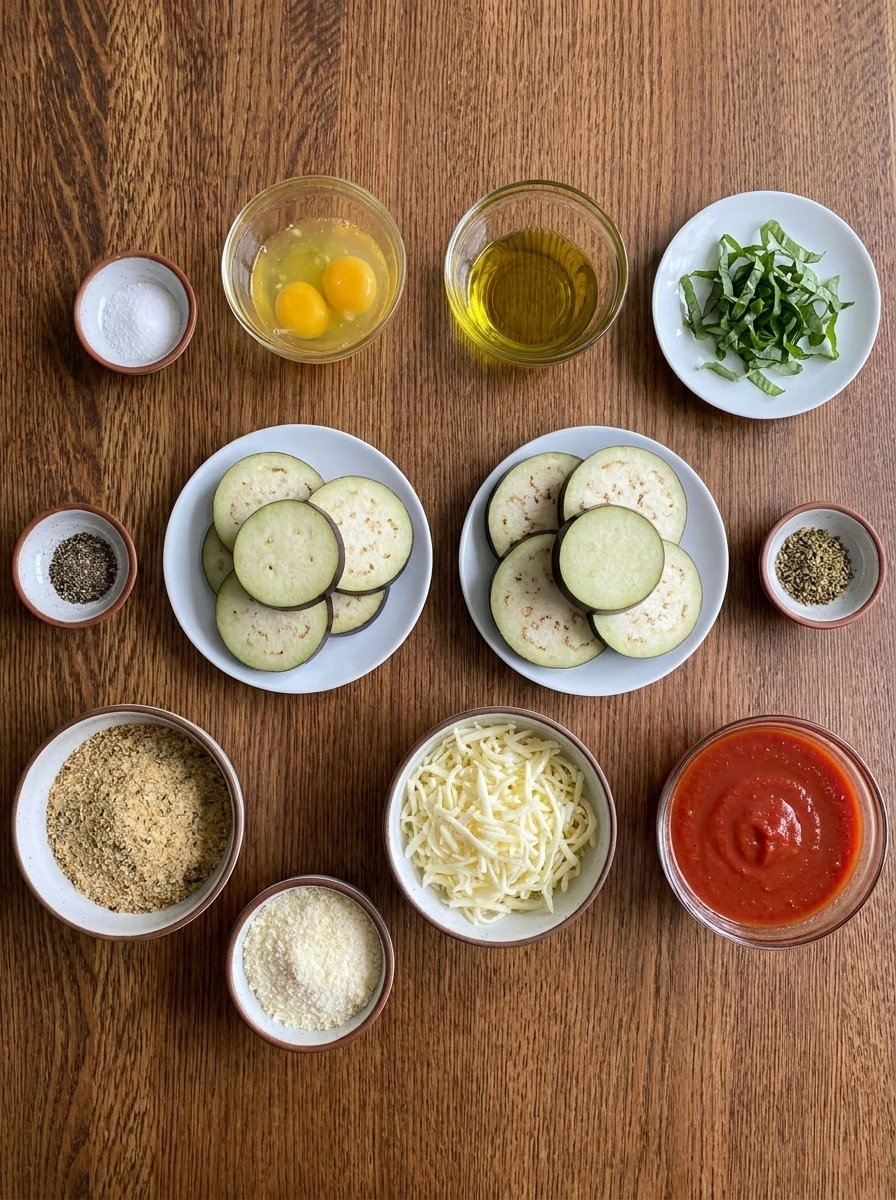 Raw ingredients for Baked Eggplant Parmesan arranged in separate containers.