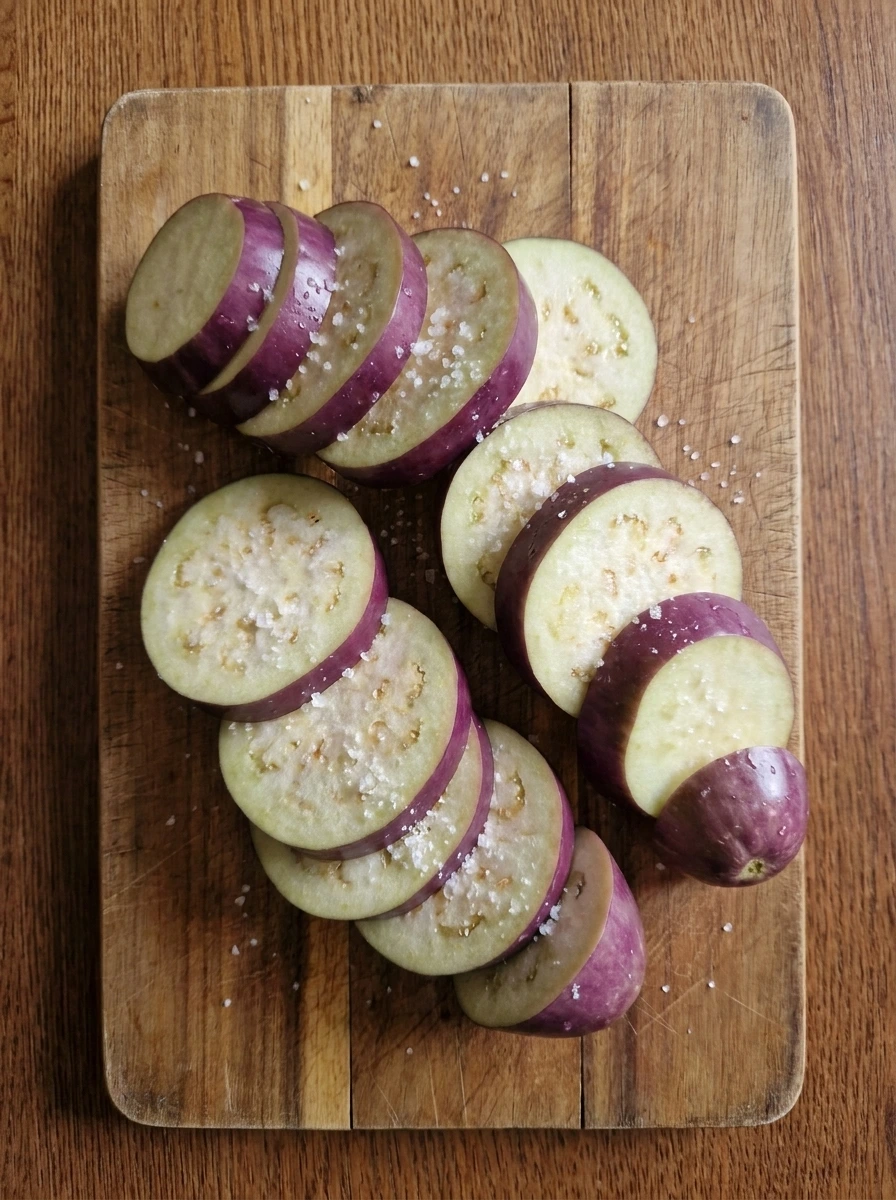 Salted eggplant rounds resting before coating for Baked Eggplant Parmesan.