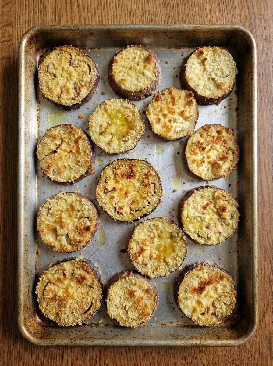 Lightly golden baked eggplant rounds for Baked Eggplant Parmesan.