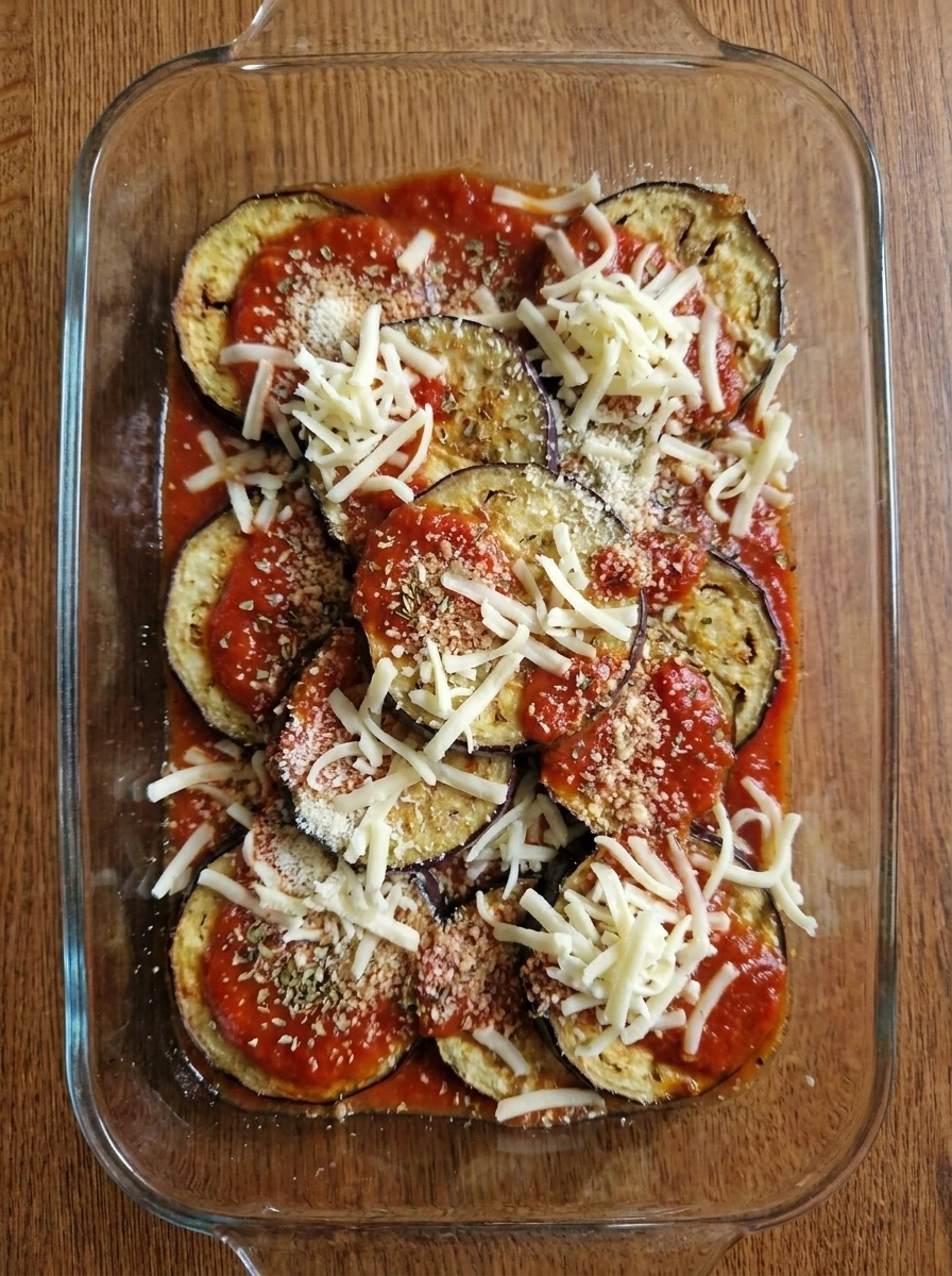 Layered eggplant with marinara and cheese before final baking.