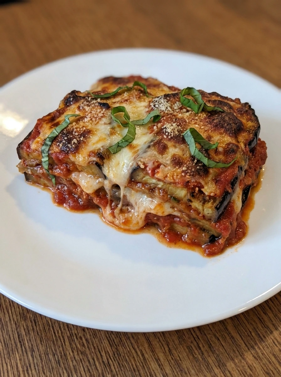 Single plated serving of Baked Eggplant Parmesan with visible layers and melted cheese.