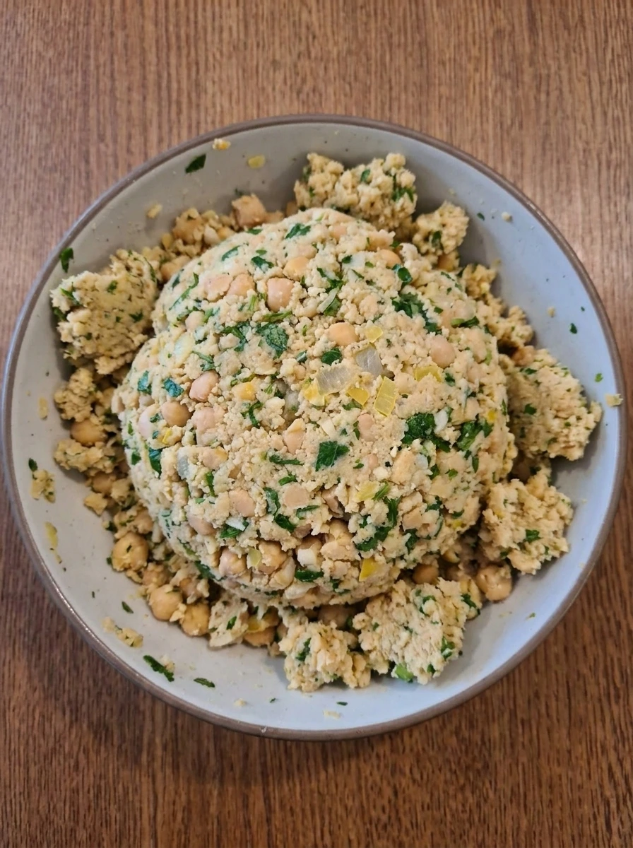 Coarse chickpea and herb falafel mixture with visible green flecks in a bowl.