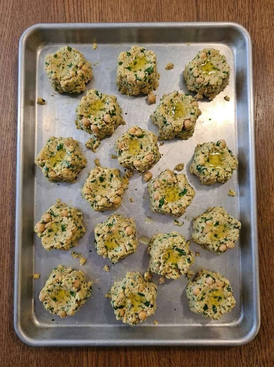 Sixteen handmade falafel portions shaped with rough edges on a pan.