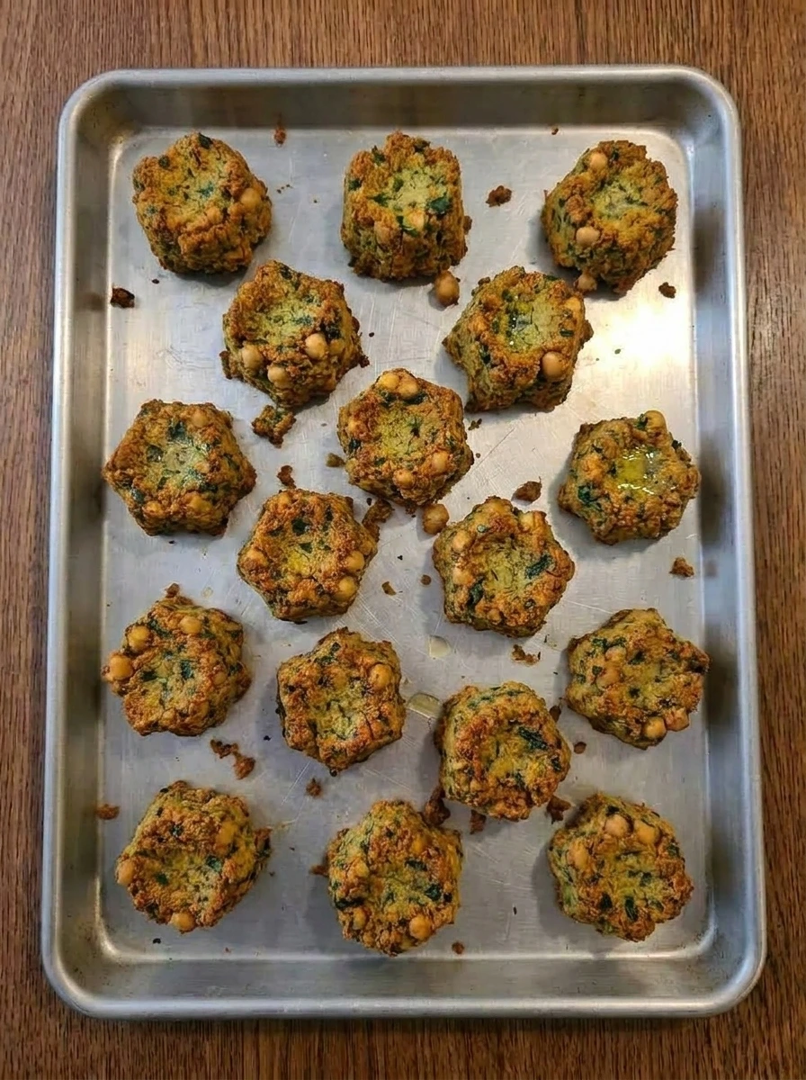 Falafel fully baked with deeper golden patches and crisp rough edges.