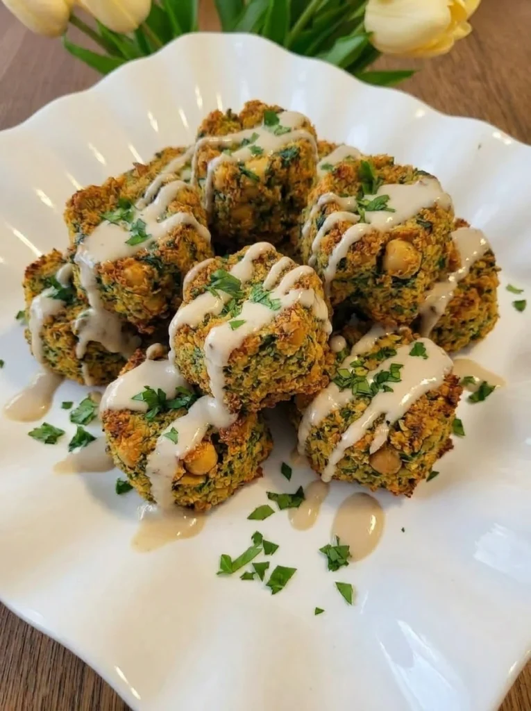 Baked Falafel with Tahini Sauce on a white plate with uneven golden browning and chopped parsley.