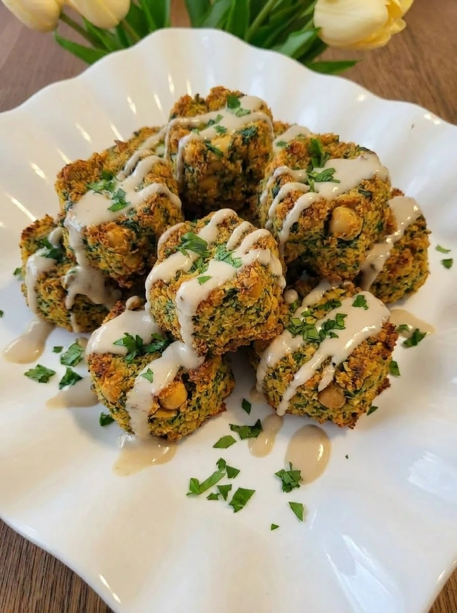 Baked Falafel with Tahini Sauce on a white plate with uneven golden browning and chopped parsley.