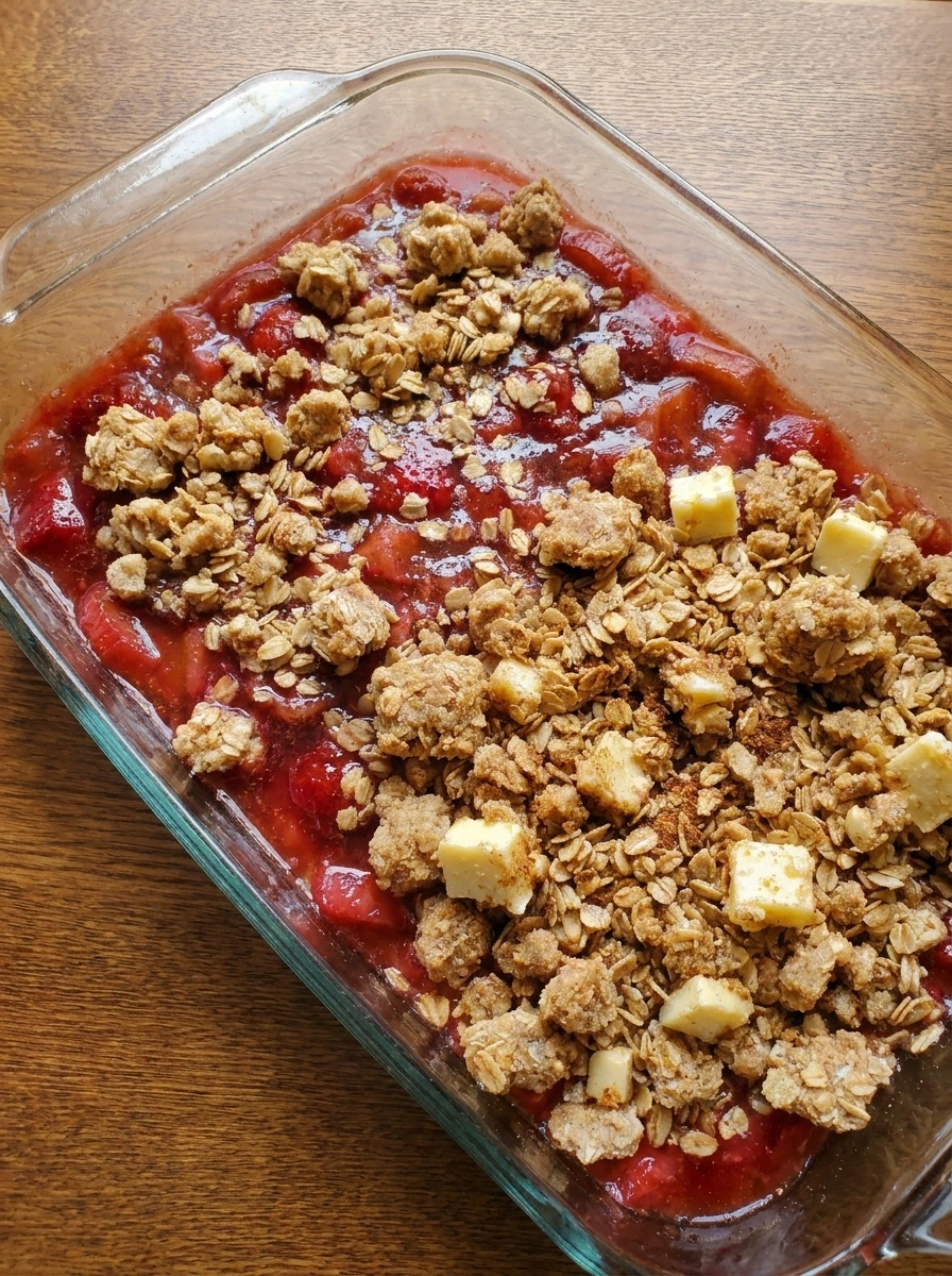 Baked Strawberry Rhubarb Crumble with golden topping and bubbling fruit
