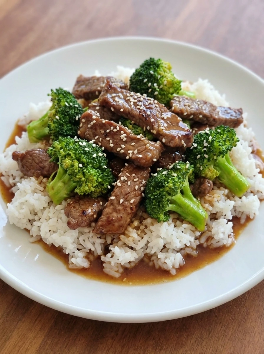 Homemade Beef and Broccoli served over white rice with glossy sauce and sesame seeds.
