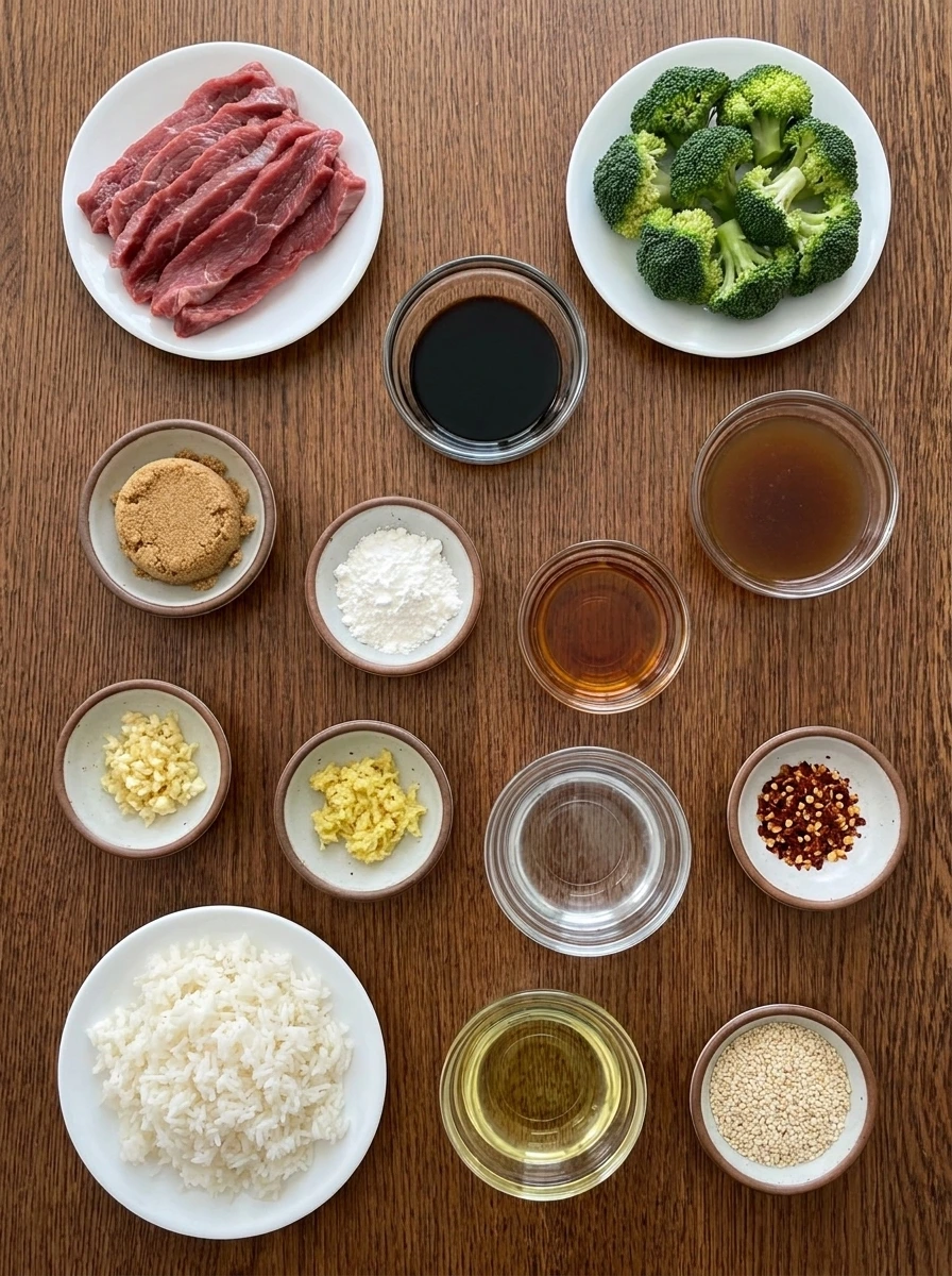Ingredients for Beef and Broccoli arranged in separate small containers.