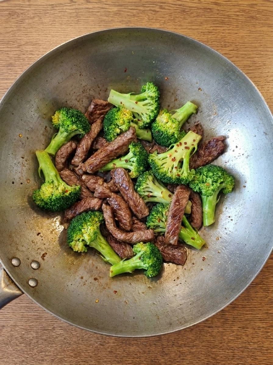 Broccoli added to browned beef in the wok.