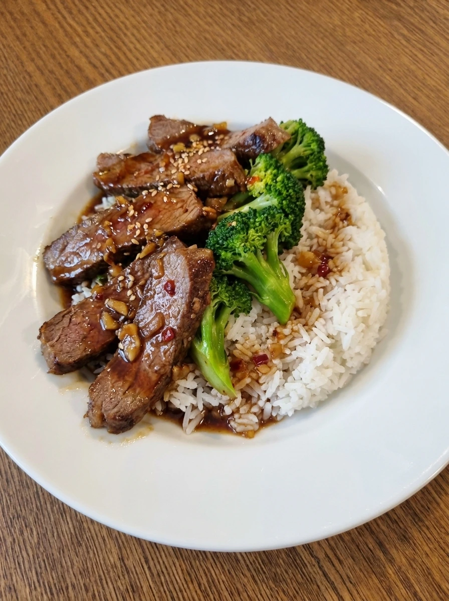 Plated Beef and Broccoli over white rice with sesame seeds.