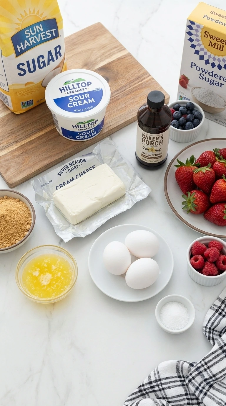 Ingredients for berry cheesecake bars with cream cheese berries graham crumbs eggs butter and sugar.