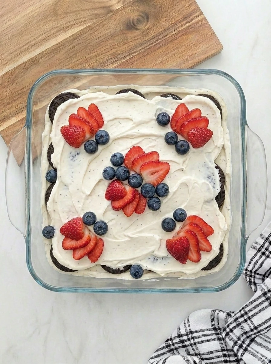 Berry cream layer in Patriotic Oreo Icebox Cake.