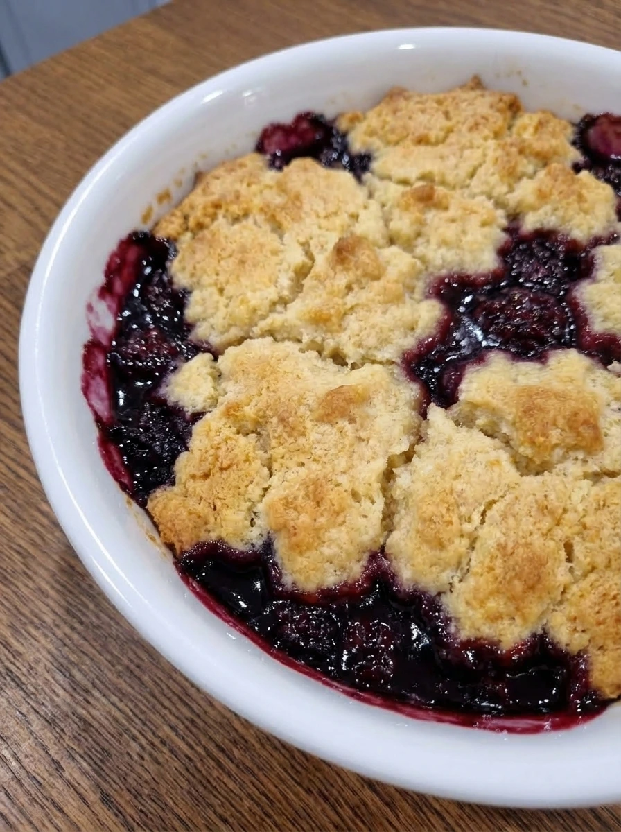 Blackberry Cobbler with bubbling berries and golden uneven topping in a rustic round white stoneware plate