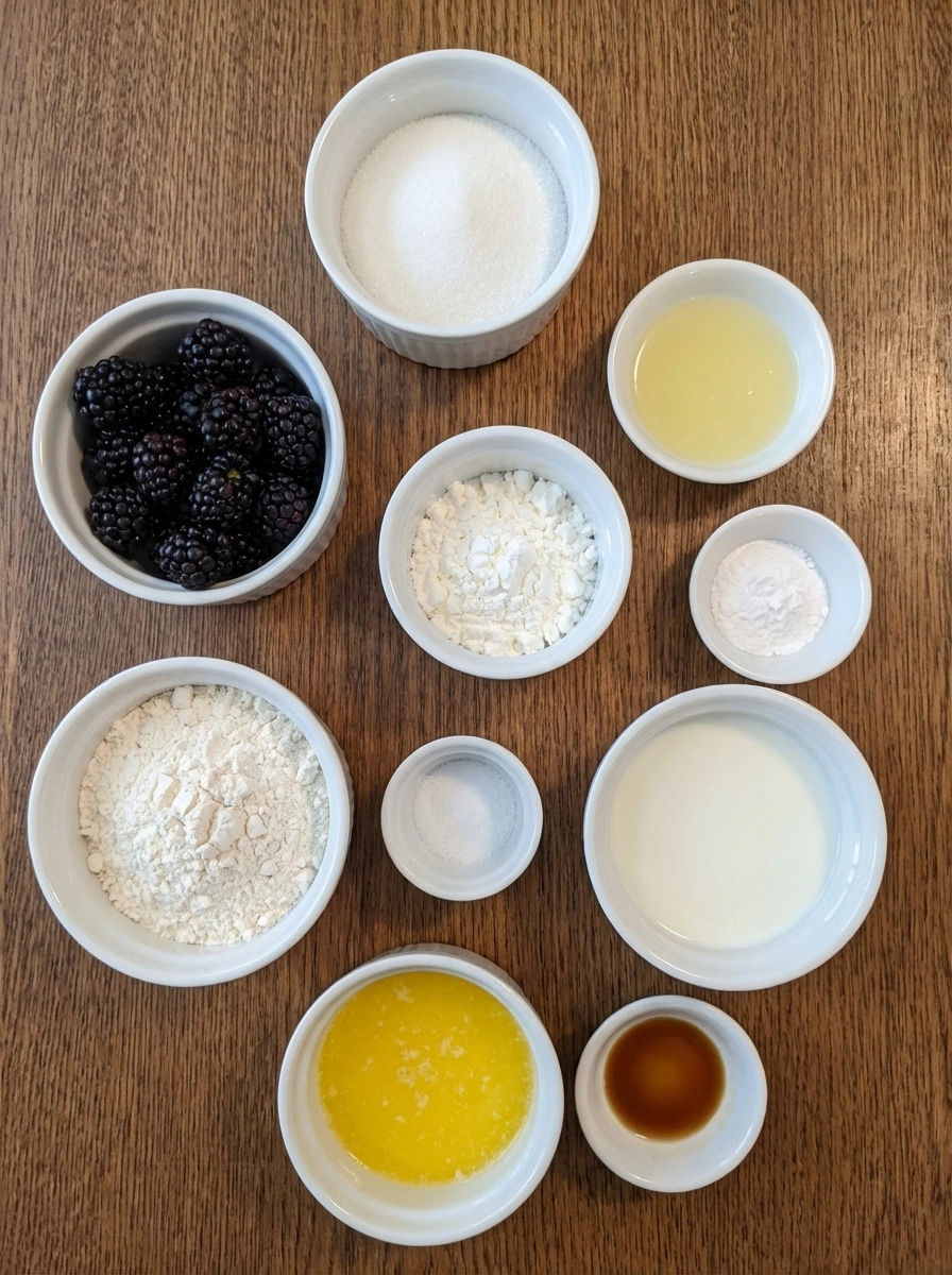 Blackberry Cobbler ingredients in separate small white containers