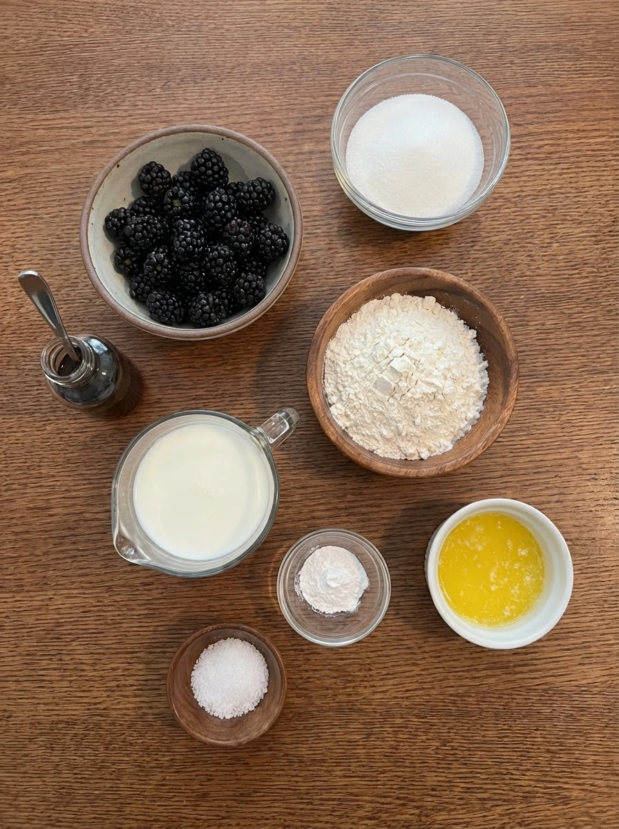 ingredients for blackberry cobbler in separate bowls