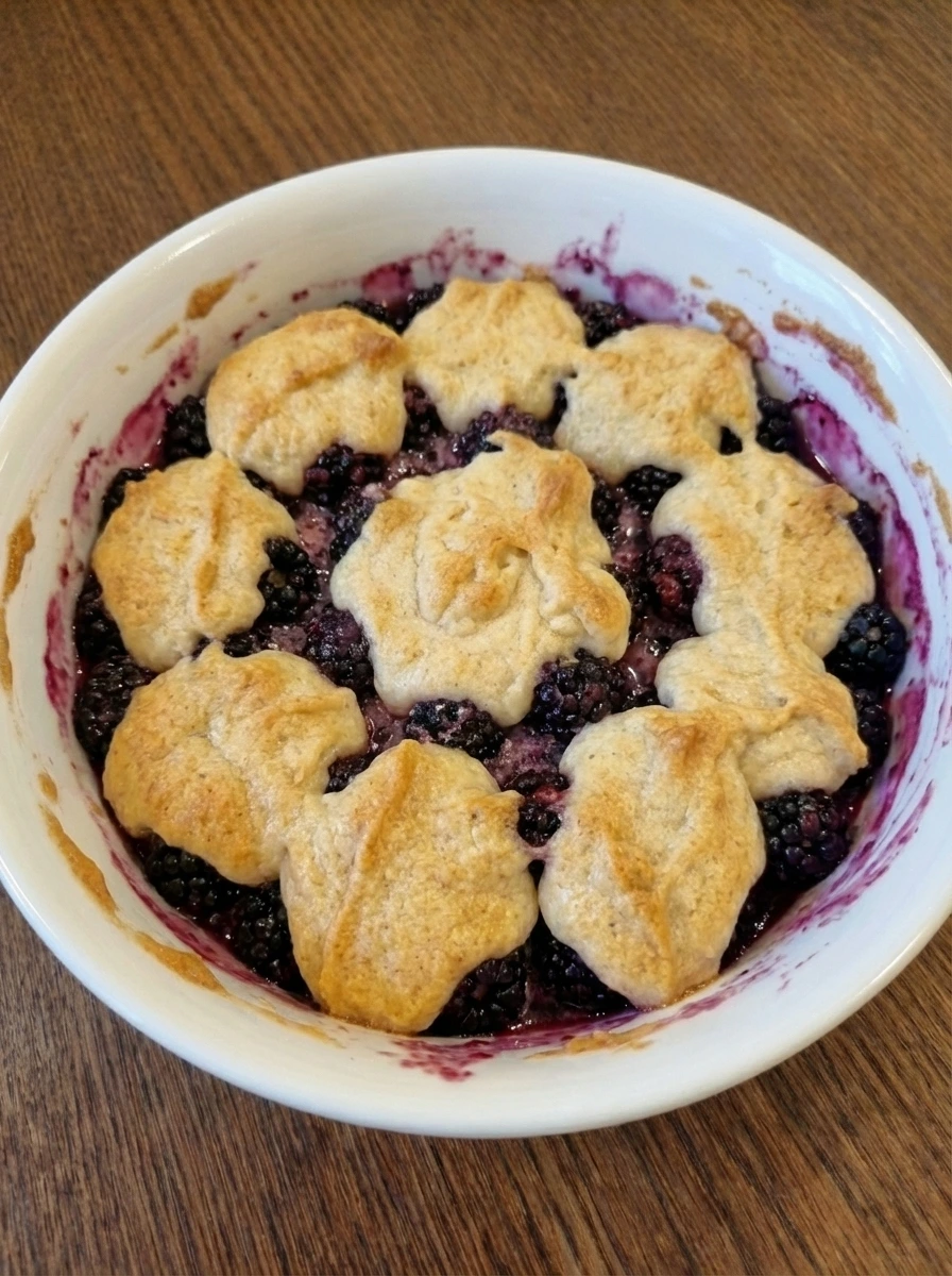 Blackberry cobbler baking with golden topping and bubbling fruit