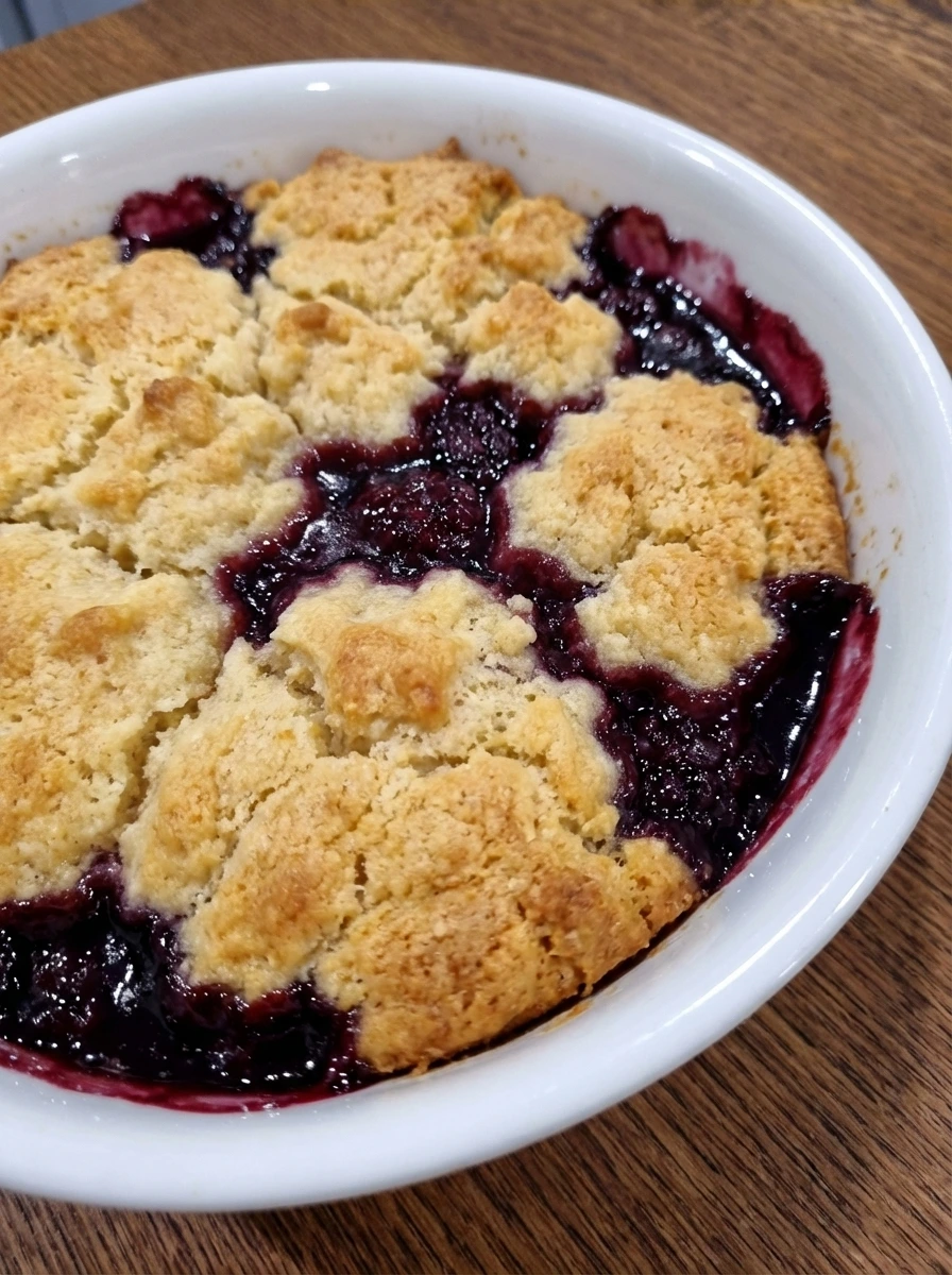 Finished Blackberry Cobbler with thick berry filling and uneven golden topping