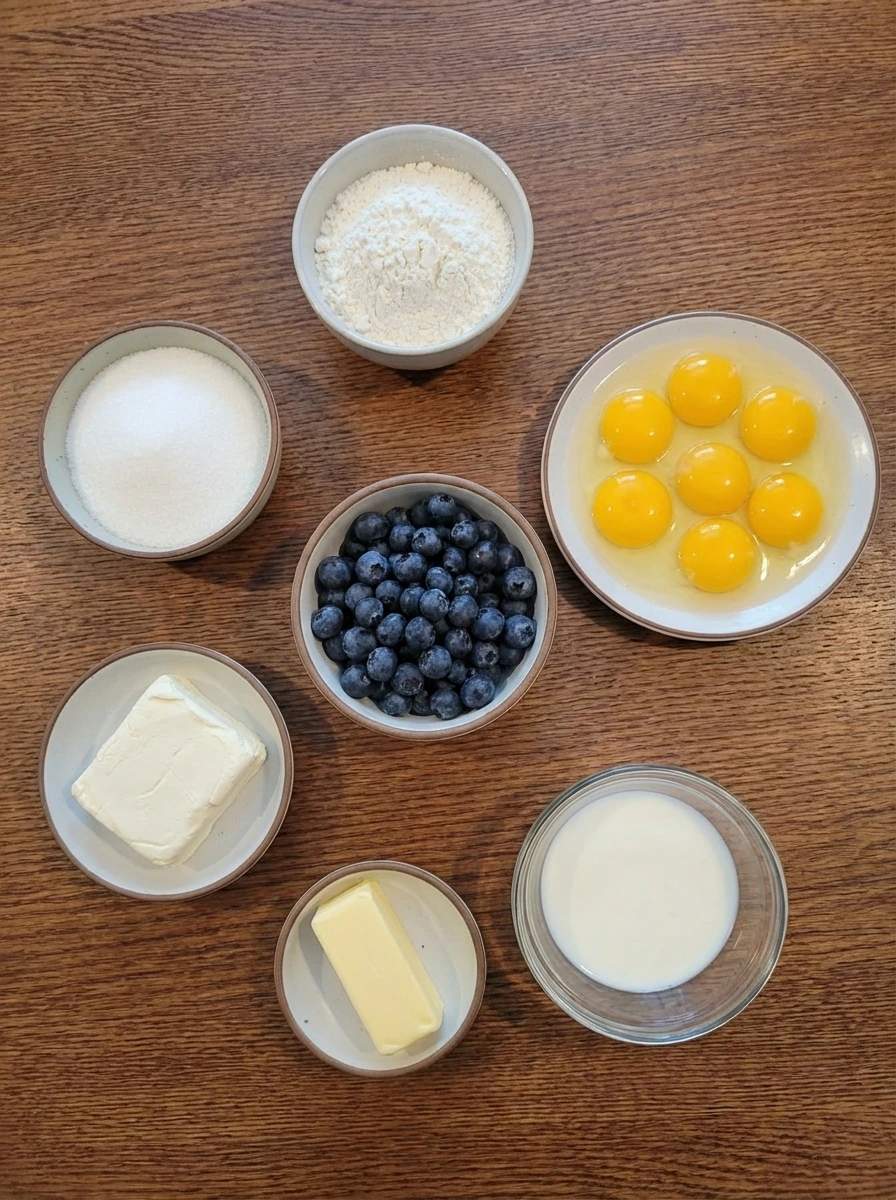 ingredients for blueberry cream cheese bread in separate bowls