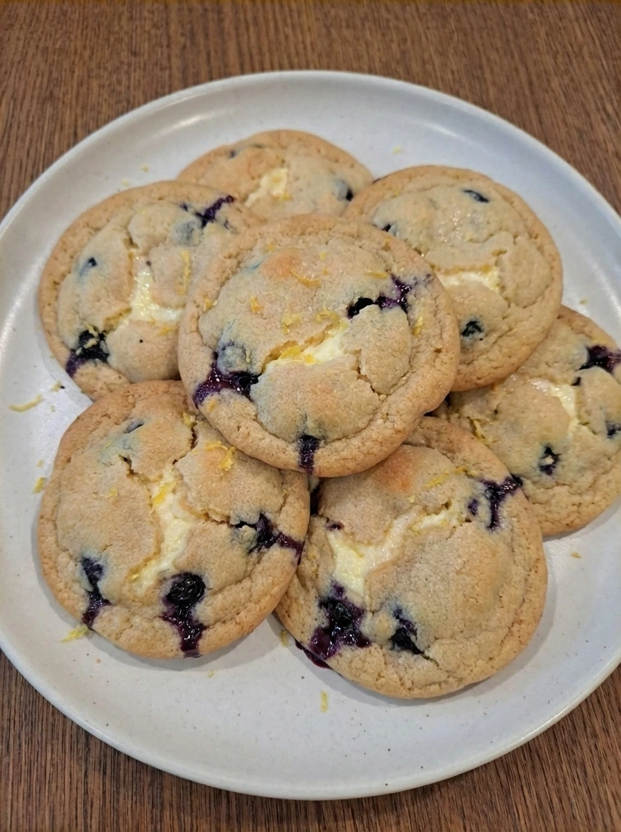 Blueberry Cheesecake Cookies on a matte white stoneware dessert plate with golden edges and creamy swirls.