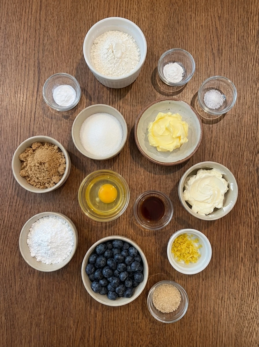 Measured ingredients for Blueberry Cheesecake Cookies in separate small containers.