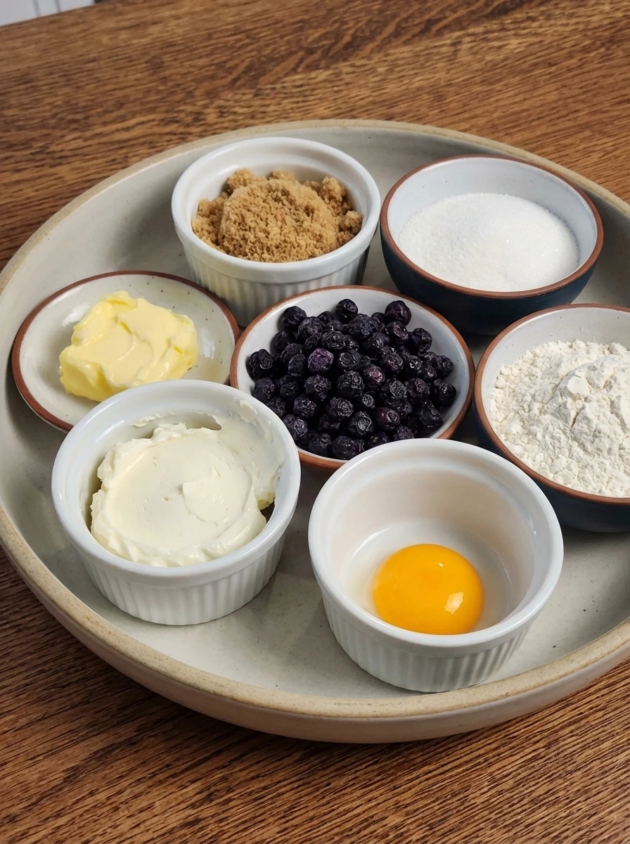 Measured ingredients for Blueberry Cheesecake Cookies in small bowls.