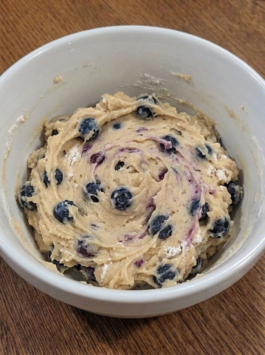 Blueberry cookie dough mixed until thick with berries folded in.