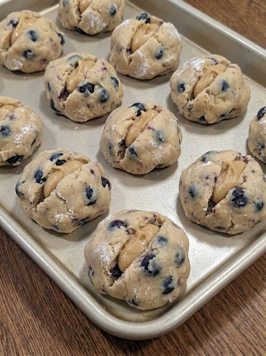 Unbaked Blueberry Cheesecake Cookies assembled with filled centers.
