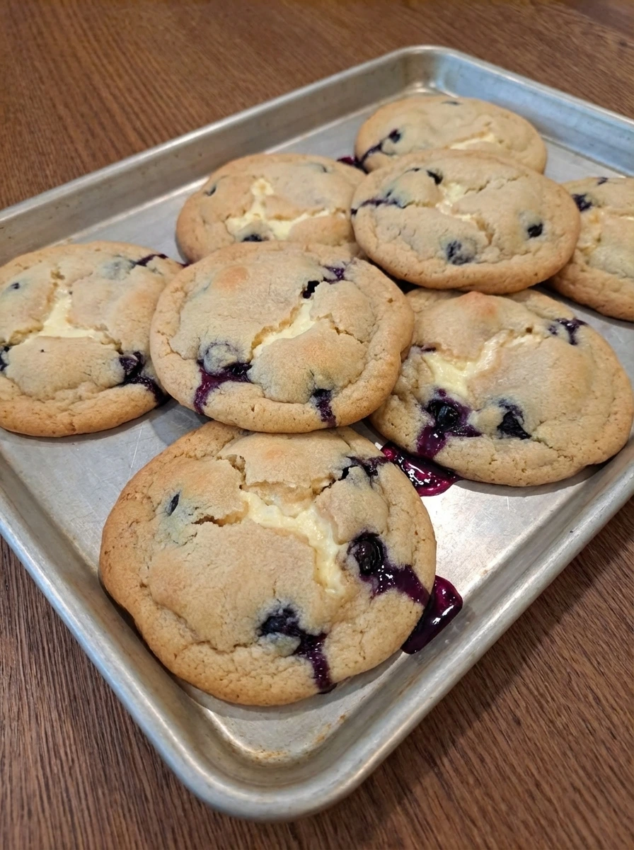 Blueberry Cheesecake Cookies baked with golden edges and soft centers.
