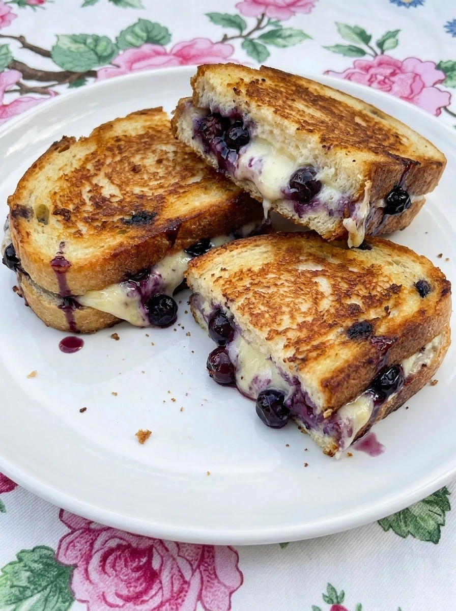 Blueberry Grilled Cheese with melted cheese and juicy blueberries on a white plate