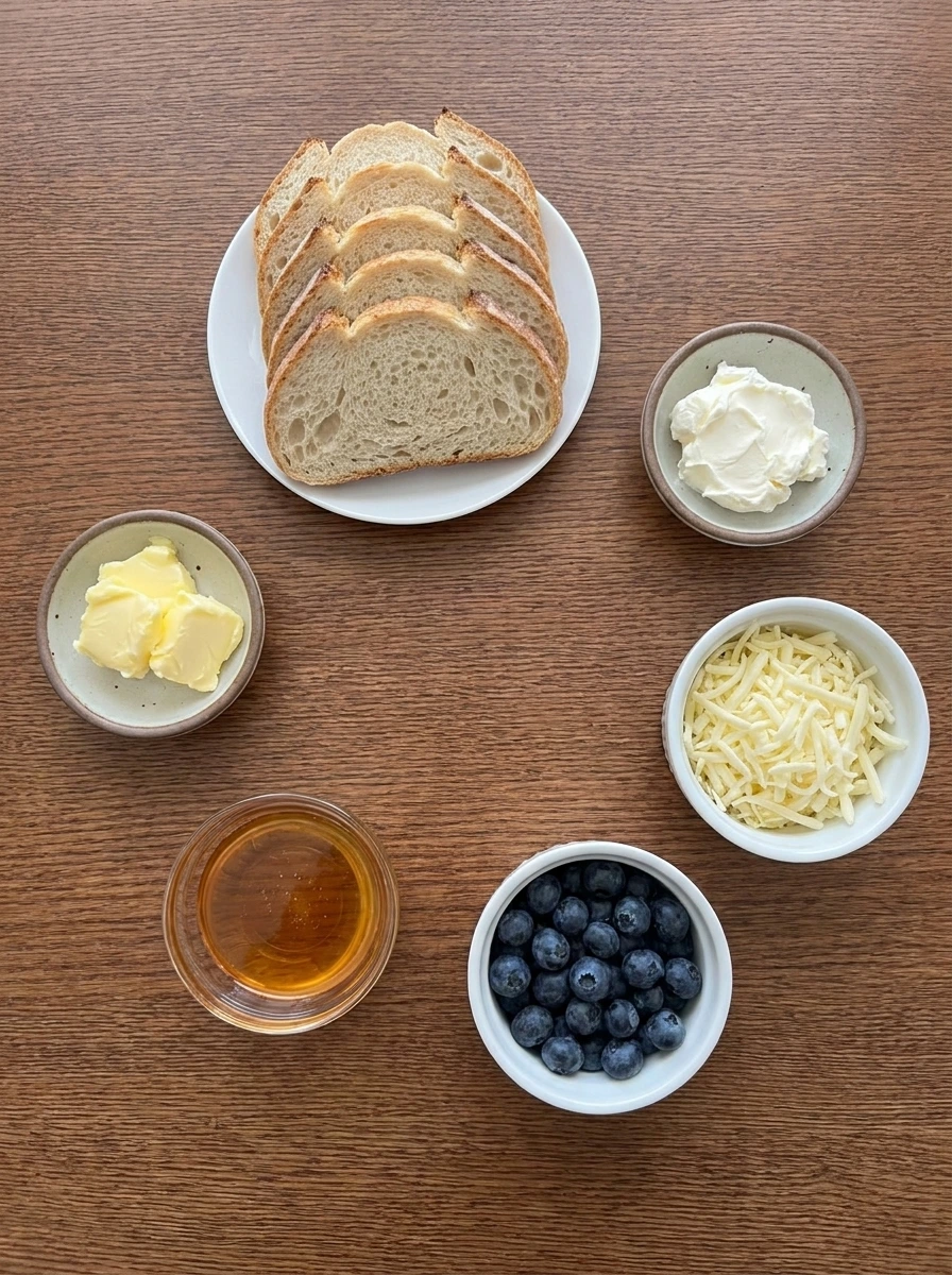 Ingredients for Blueberry Grilled Cheese in separate small containers