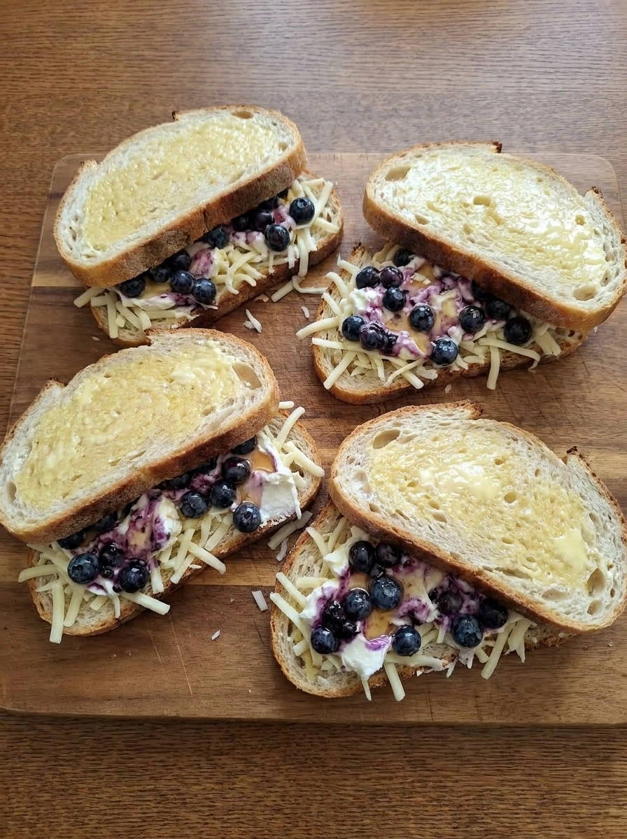 Assembled Blueberry Grilled Cheese sandwiches before cooking
