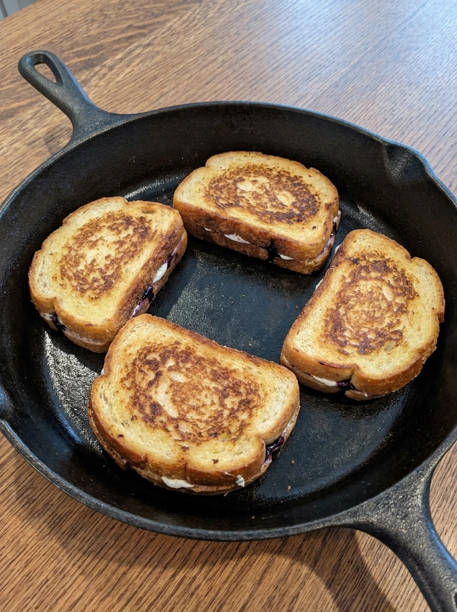 Blueberry Grilled Cheese browning on the first side