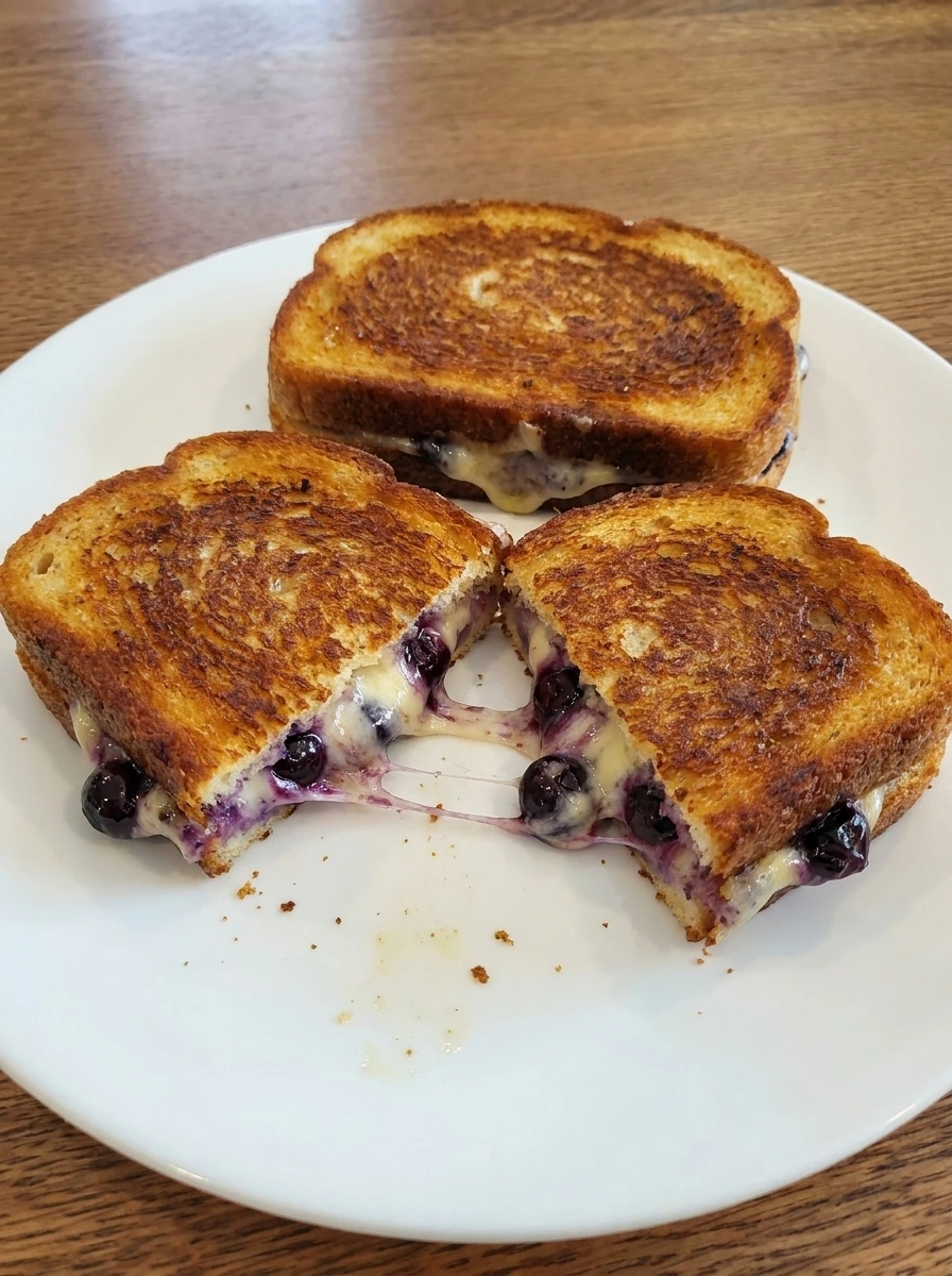 Served Blueberry Grilled Cheese sliced open on a plate