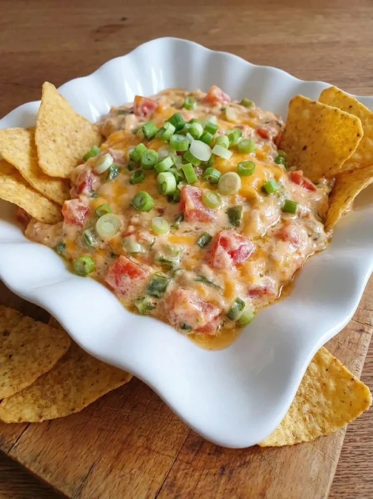 Boat Dip Rotel Ranch Dip in a serving bowl with tortilla chips and visible tomato cheddar and green onions