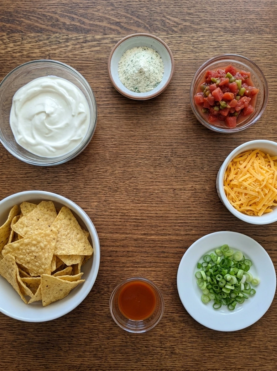 Ingredients for Boat Dip including sour cream Rotel ranch seasoning cheddar green onions and chips in separate containers