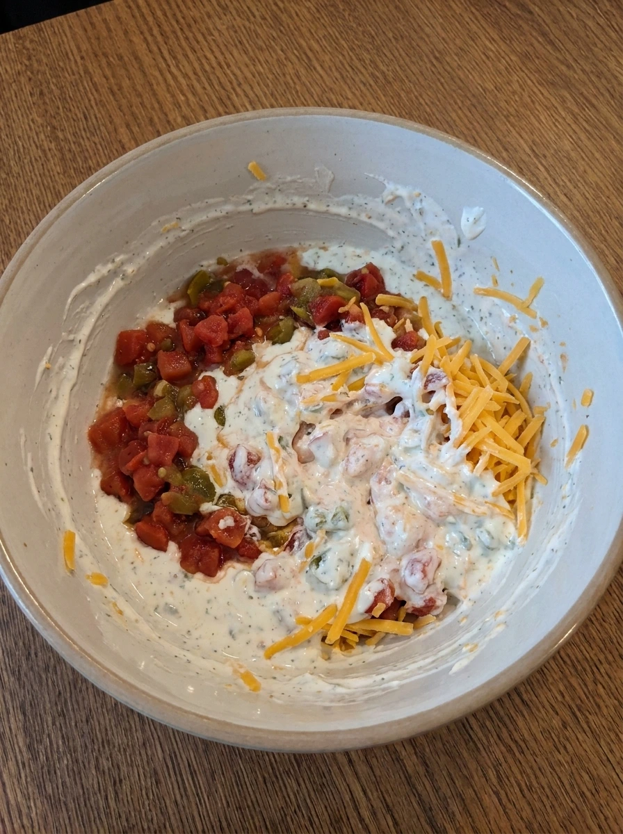 Rotel and cheddar folded into creamy ranch dip mixture
