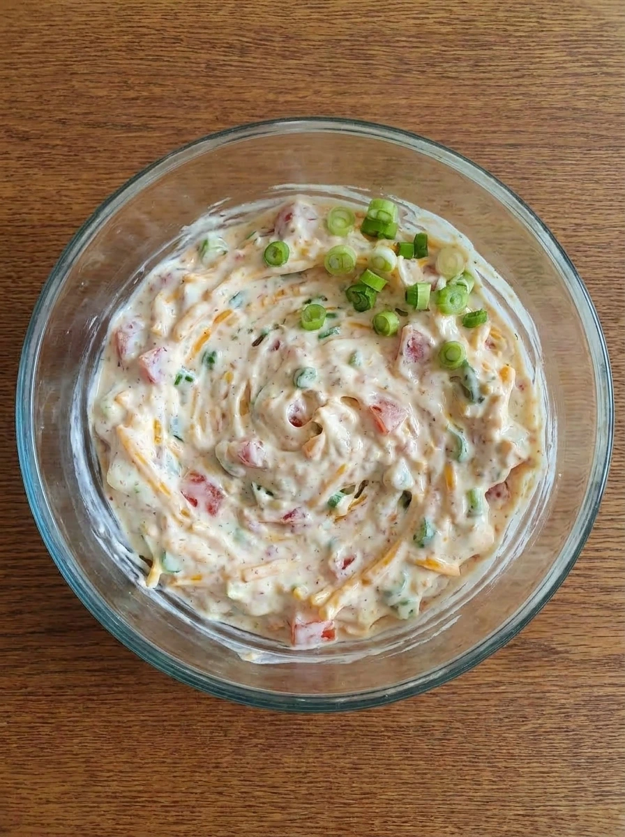 Boat Dip chilled with green onions on top and visible Rotel and cheddar
